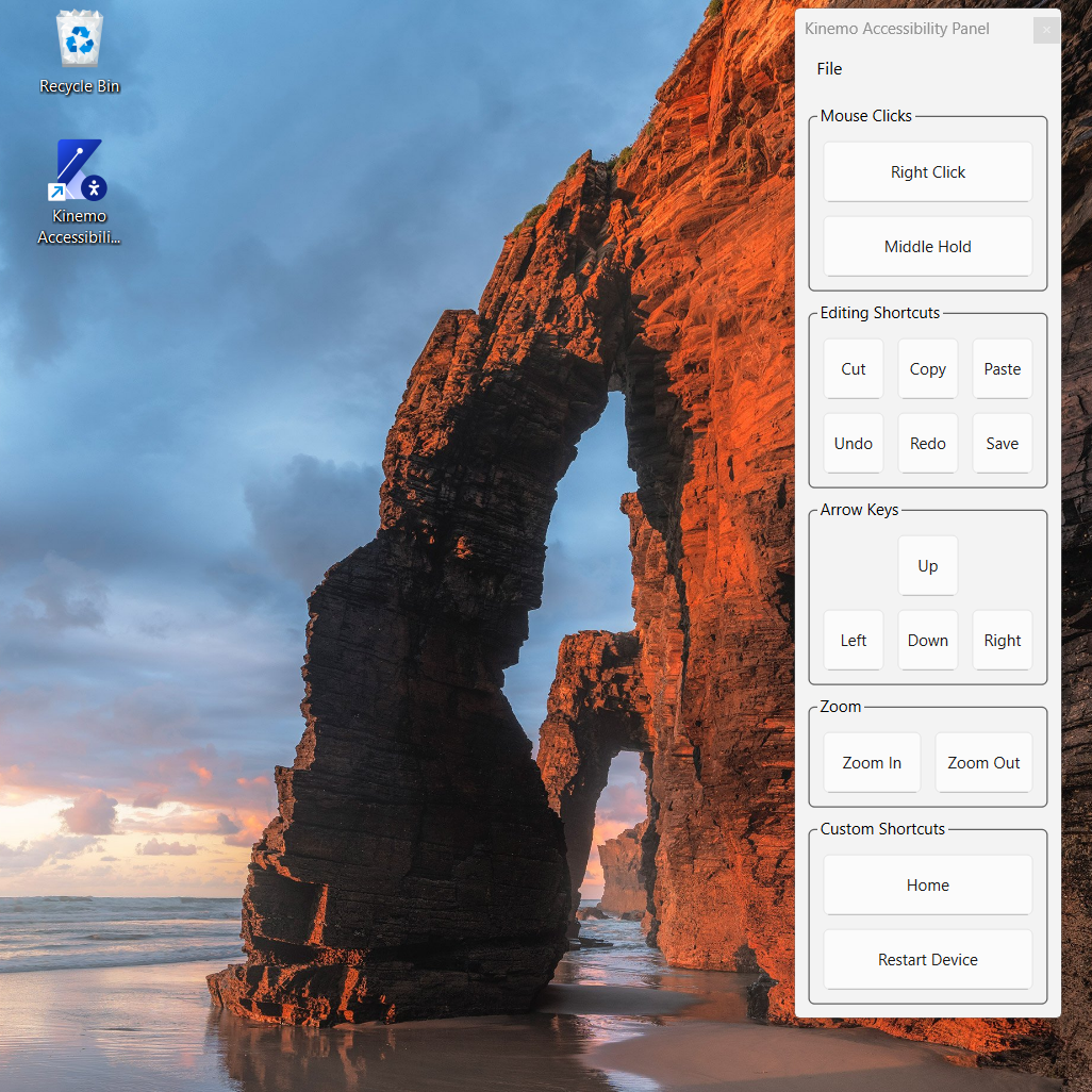 A screenshot of a Windows desktop showing a floating accessibility panel on the right containing mouse clicks, editing shortcuts, arrow keys, zoom, and custom shortcuts.
