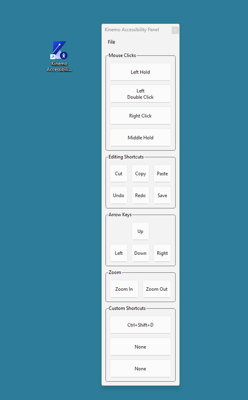 A screenshot of a software interface showing the Kinemo Accessibility Panel with various mouse, editing shortcut, arrow key, zoom, and custom shortcut buttons on a teal background.