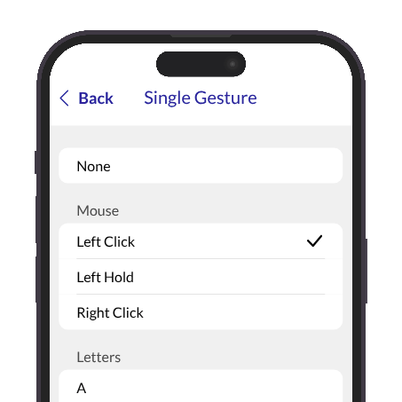 A smartphone mockup displaying a settings interface for configuring touch gestures, with options such as Mouse, Left Click, Left Hold, Right Click, Letters, Numbers, and Special. The phone has a black bezel and is centered on a plain white background.