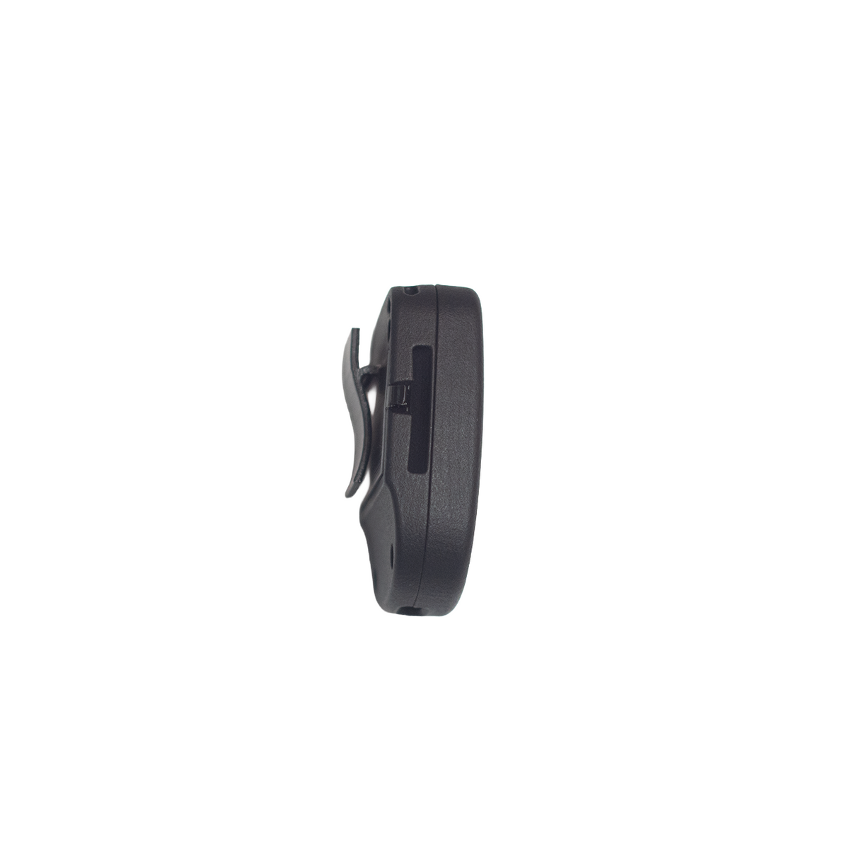 A black plastic side profile of a small electronic device with a clip, shown against a solid white background.