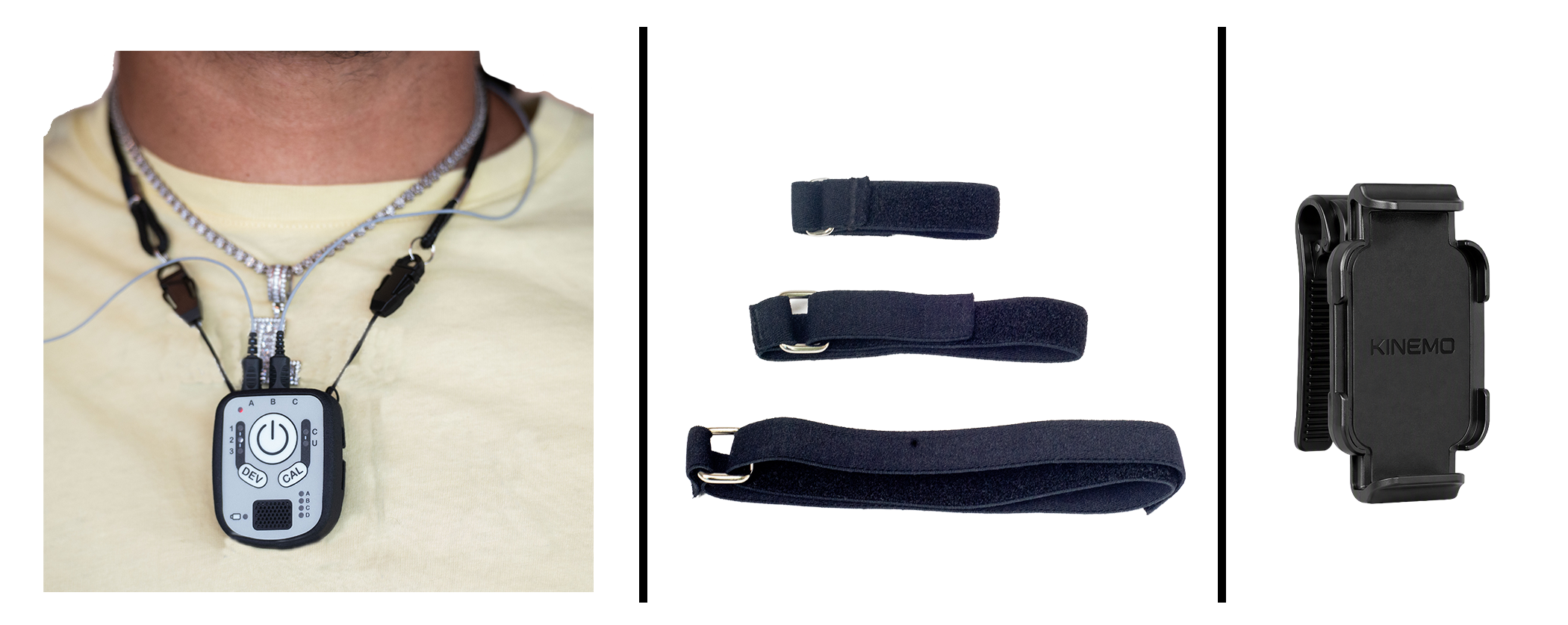 A split three-panel product display showing a wearable electronic device. The left panel shows a person wearing a silver and black neck strap with a rectangular electronic unit hanging at the neck.