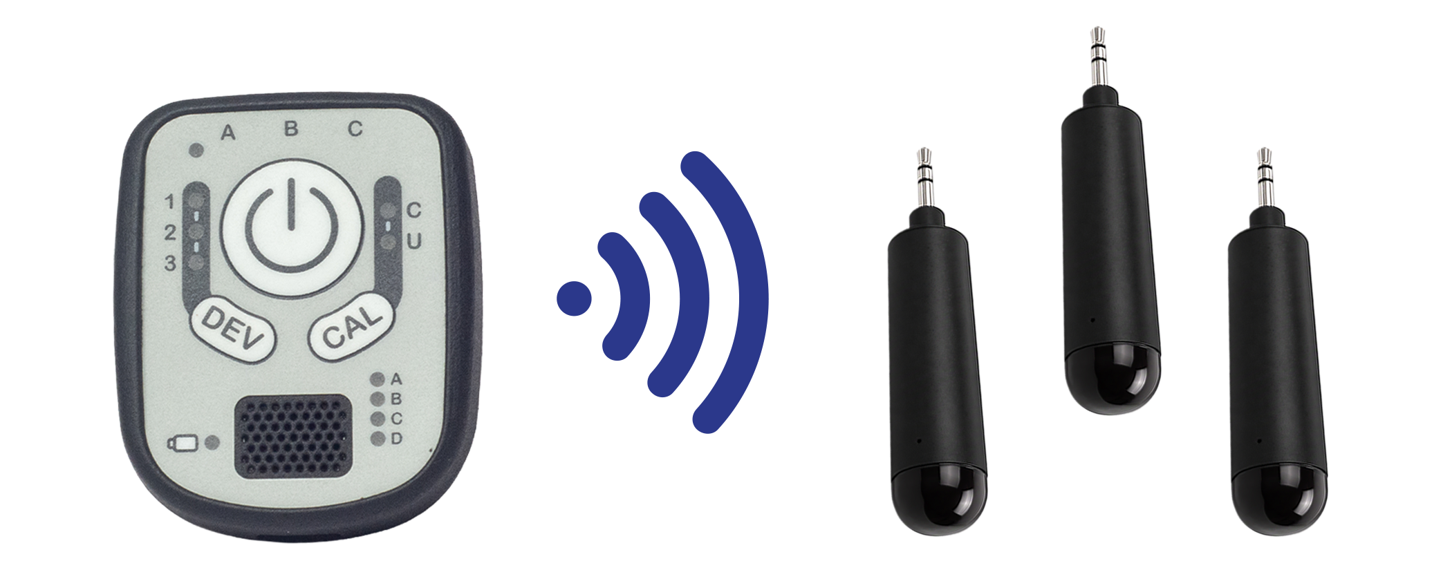 A small gray and black electronic control unit with buttons labeled DEV and CAL, shown next to a blue wireless signal icon and three black jack receivers on a white background.