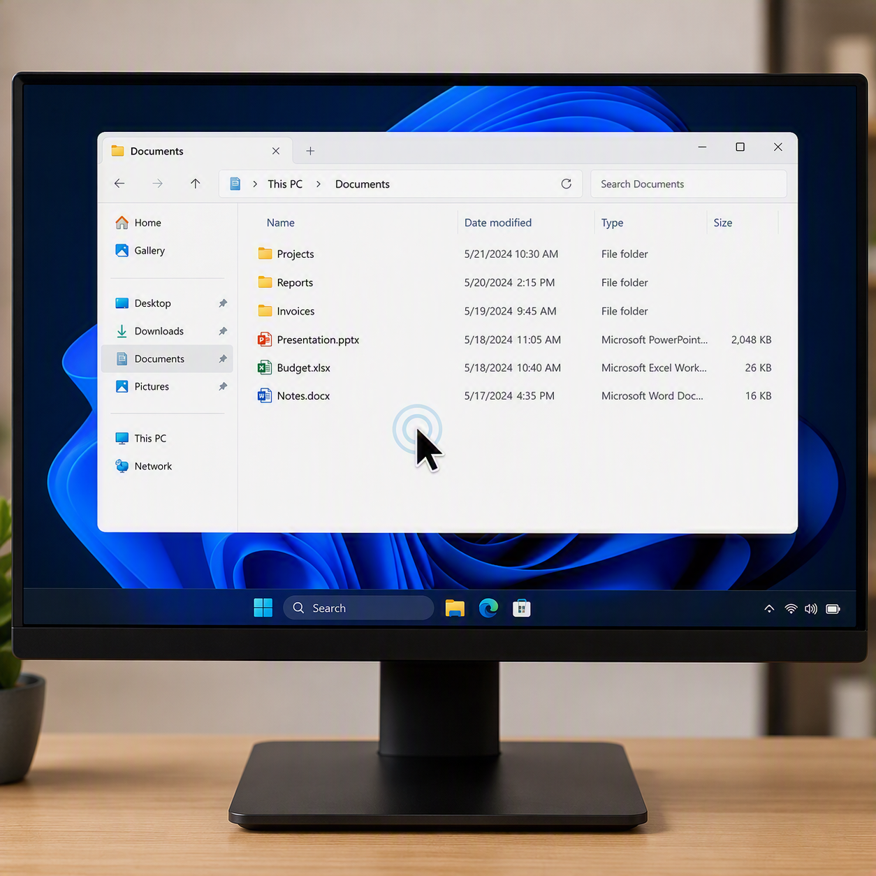 A black computer monitor on a desk displaying a Windows File Explorer window with the Documents folder open, set against a blurred office background.