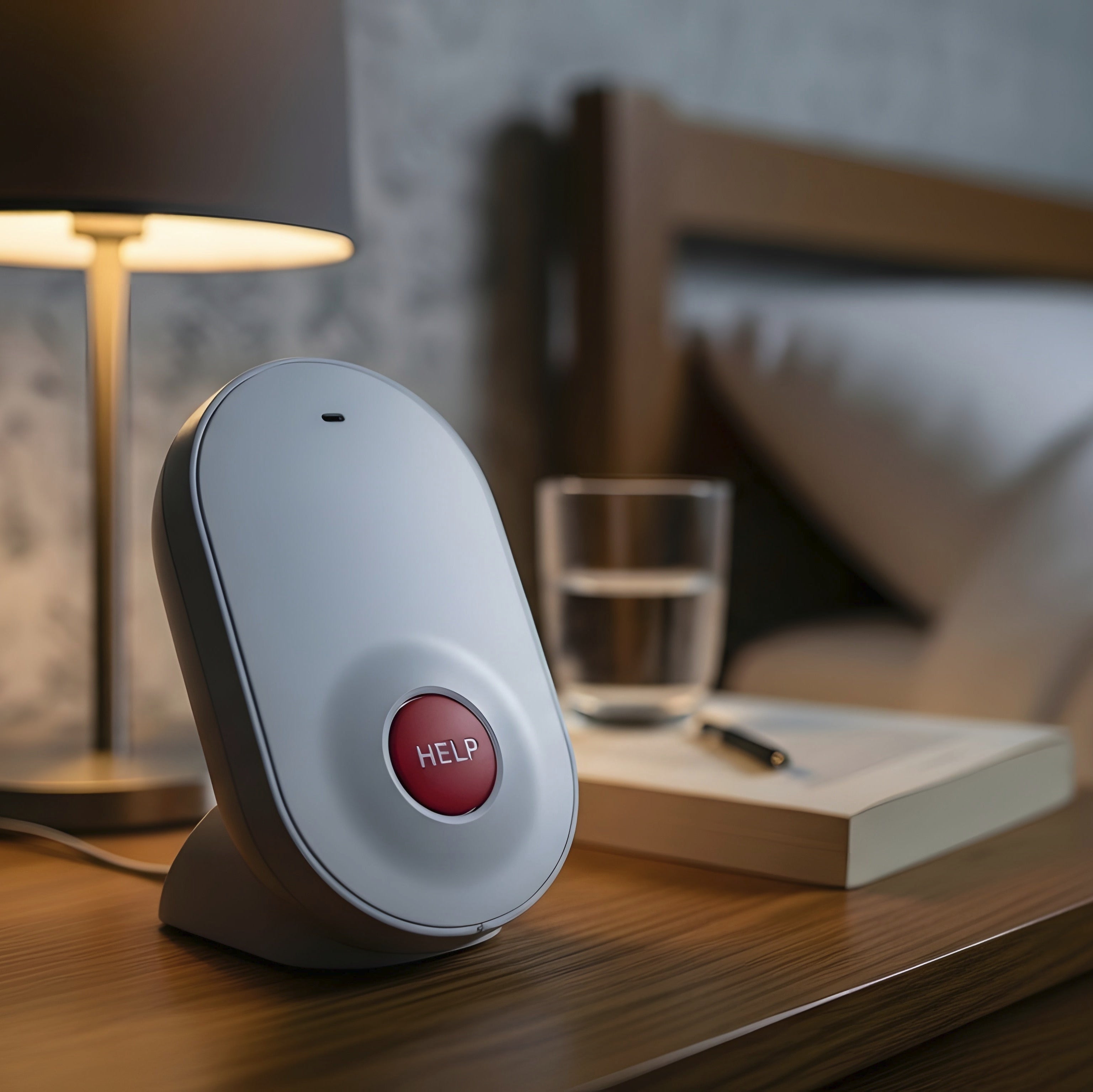 A white oval personal safety alarm with a red emergency button sits on a wooden bedside table next to a lit lamp, a glass of water, and a book in a softly blurred bedroom setting.