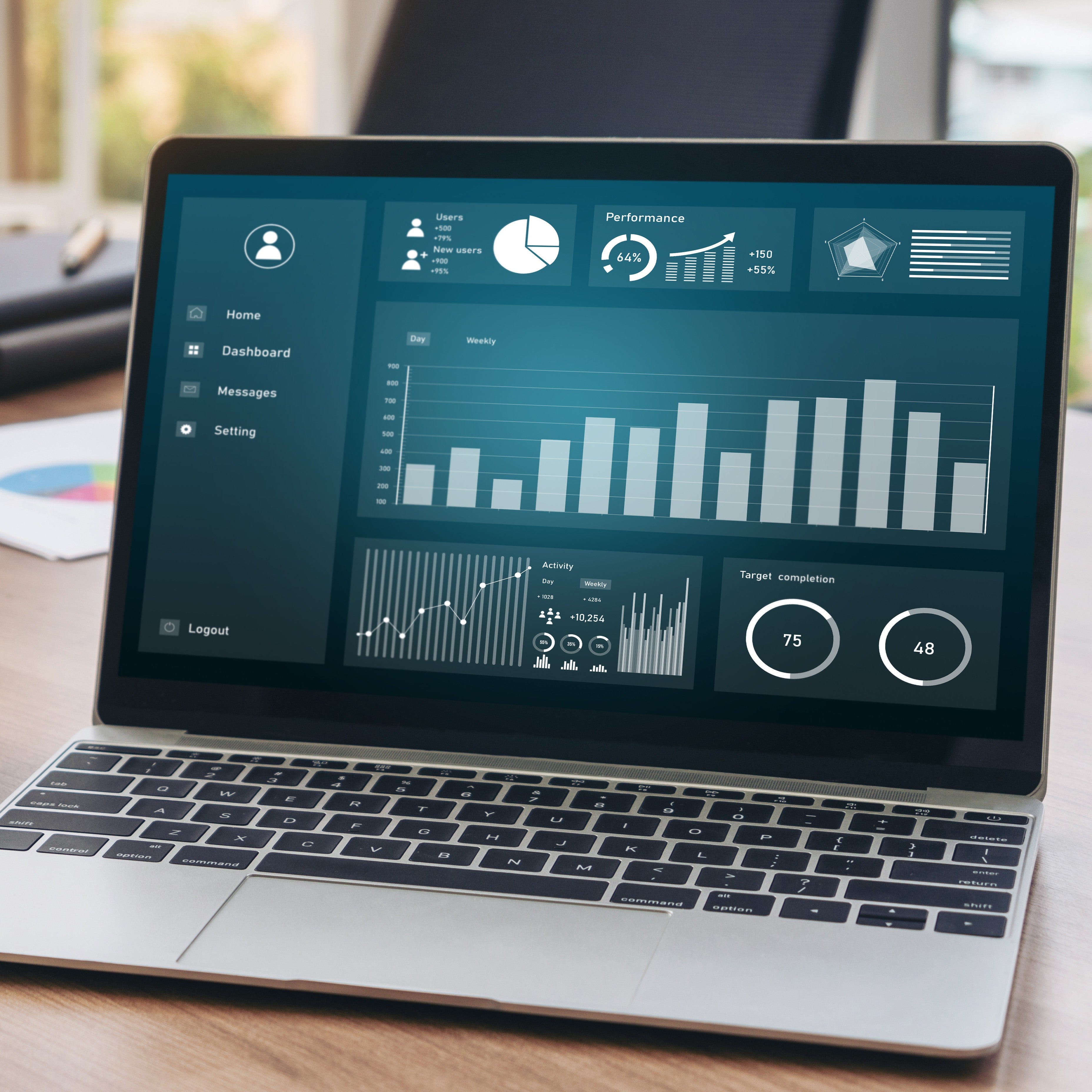 An open silver laptop on a desk showing a dark analytics dashboard with charts, graphs, and circular metrics. The background is a softly blurred office environment.