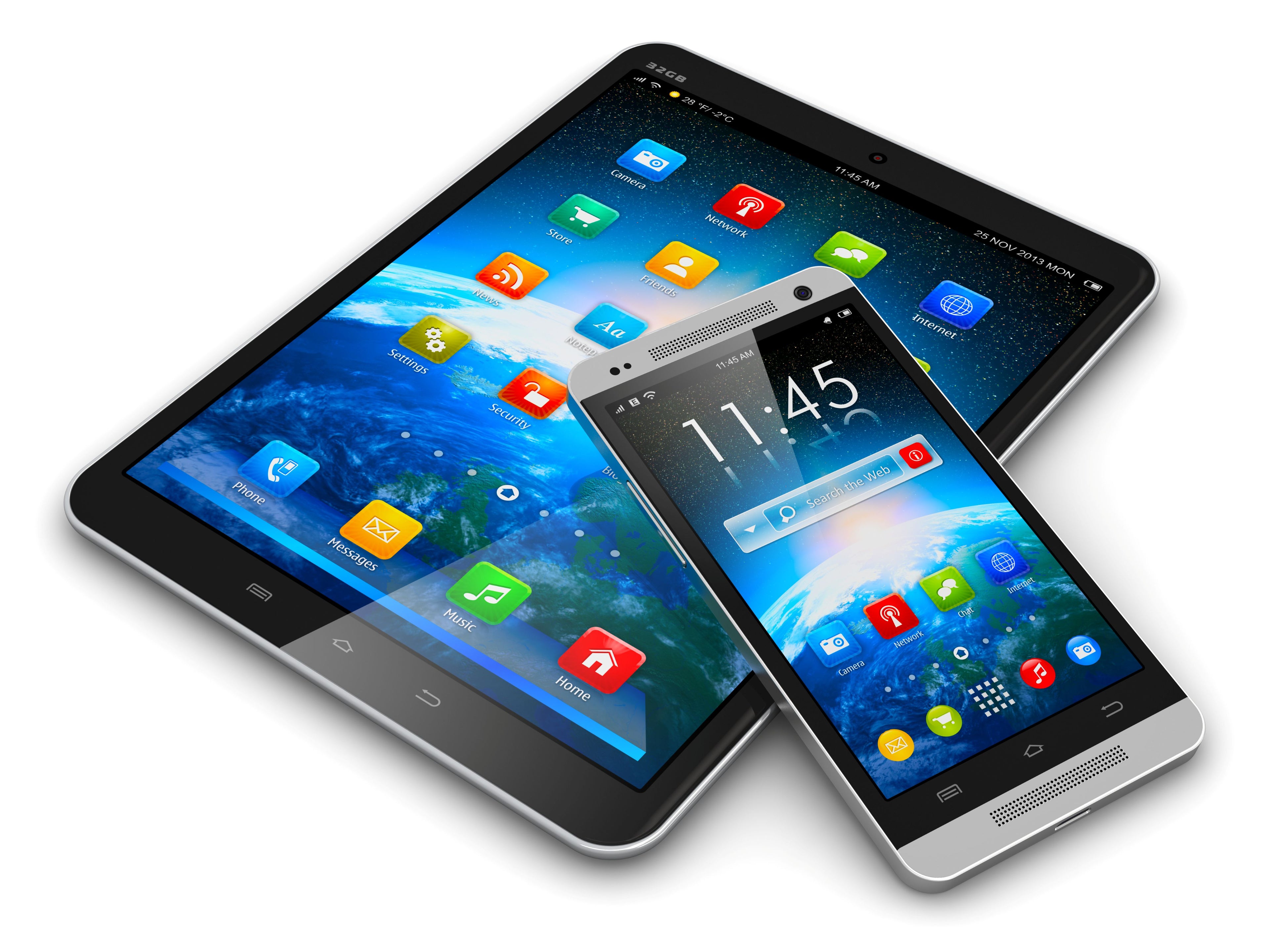 A black tablet and a silver smartphone with colorful app icons displayed on their screens, set against a plain white background.