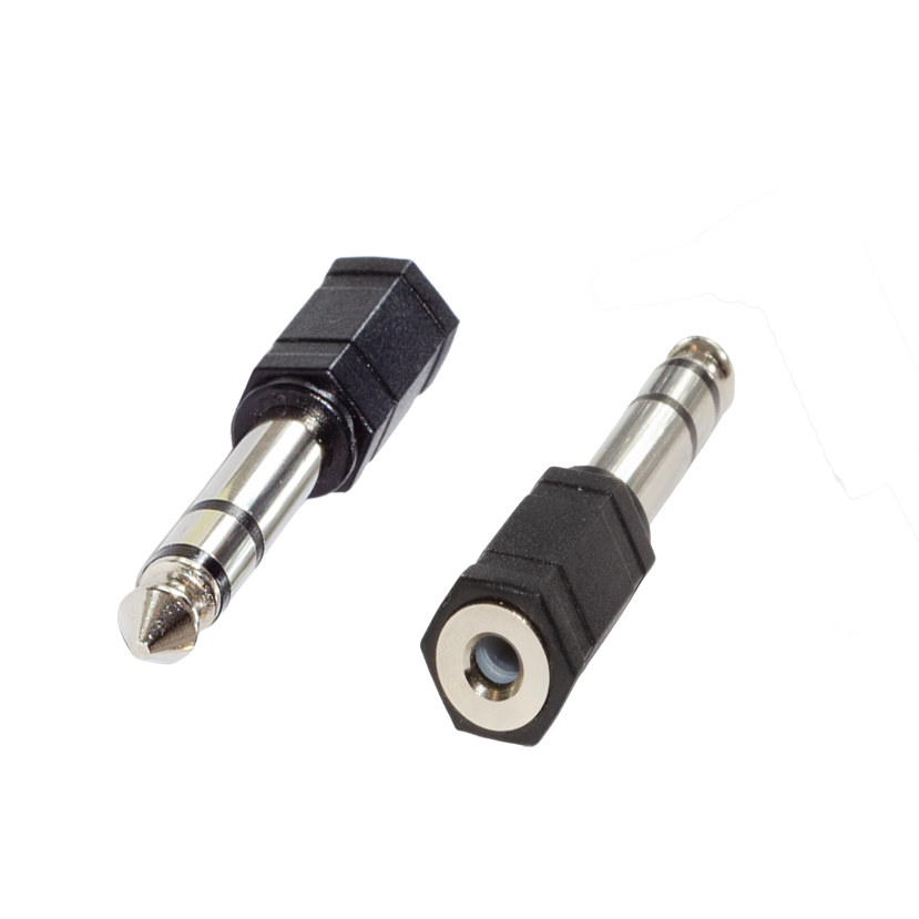 Two small jack adapters, one male and one female, with black plastic hexagonal housings and silver metal plugs, shown on a plain white background.
