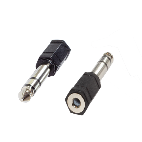 Two small jack adapters, one male and one female, with black plastic hexagonal housings and silver metal plugs, shown on a plain white background.