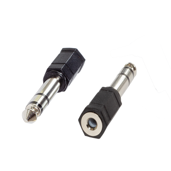 Two small jack adapters, one male and one female, with black plastic hexagonal housings and silver metal plugs, shown on a plain white background.