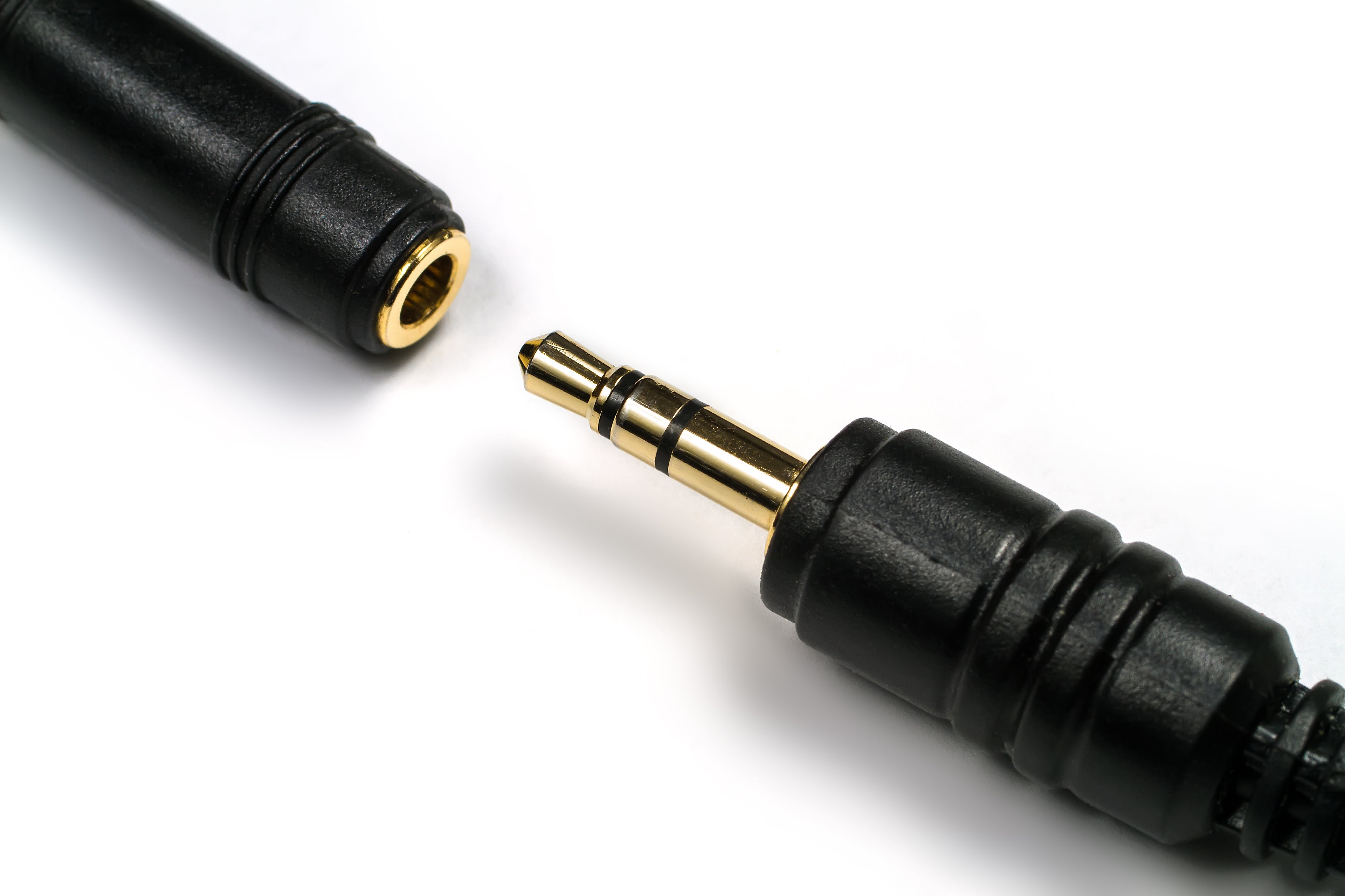Close-up of a black audio adapter cable with a gold-plated 3.5mm jack connector on a white background.