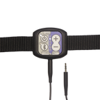 A black Kinemo controller with a woven strap and a 3.5mm jack plugged in the bottom side, shown against a plain white background.