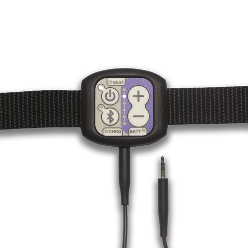 A black Kinemo controller with a woven strap and a 3.5mm jack plugged in the bottom side, shown against a plain white background.