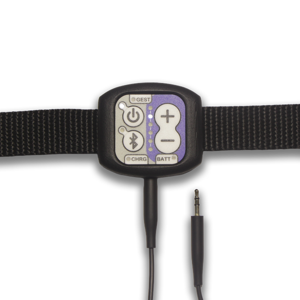 A black Kinemo controller with a woven strap and a 3.5mm jack plugged in the bottom side, shown against a plain white background.