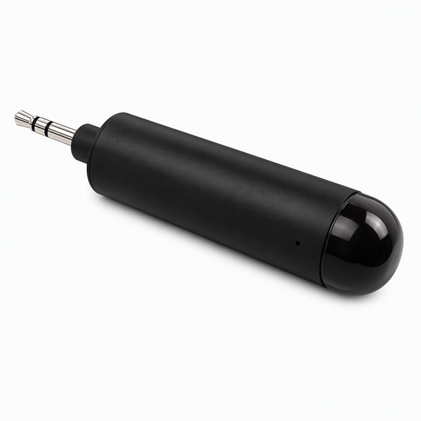 A black cylindrical electronic device with a glossy black spherical end cap and a silver 3.5mm audio jack plug, shown on a plain white background.