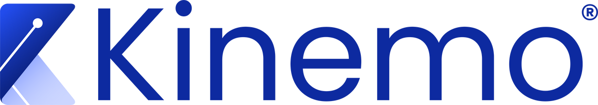 The Kinemo logo, featuring the brand name 'Kinemo' in a bold blue sans-serif font alongside a stylized blue geometric icon on a white background.
