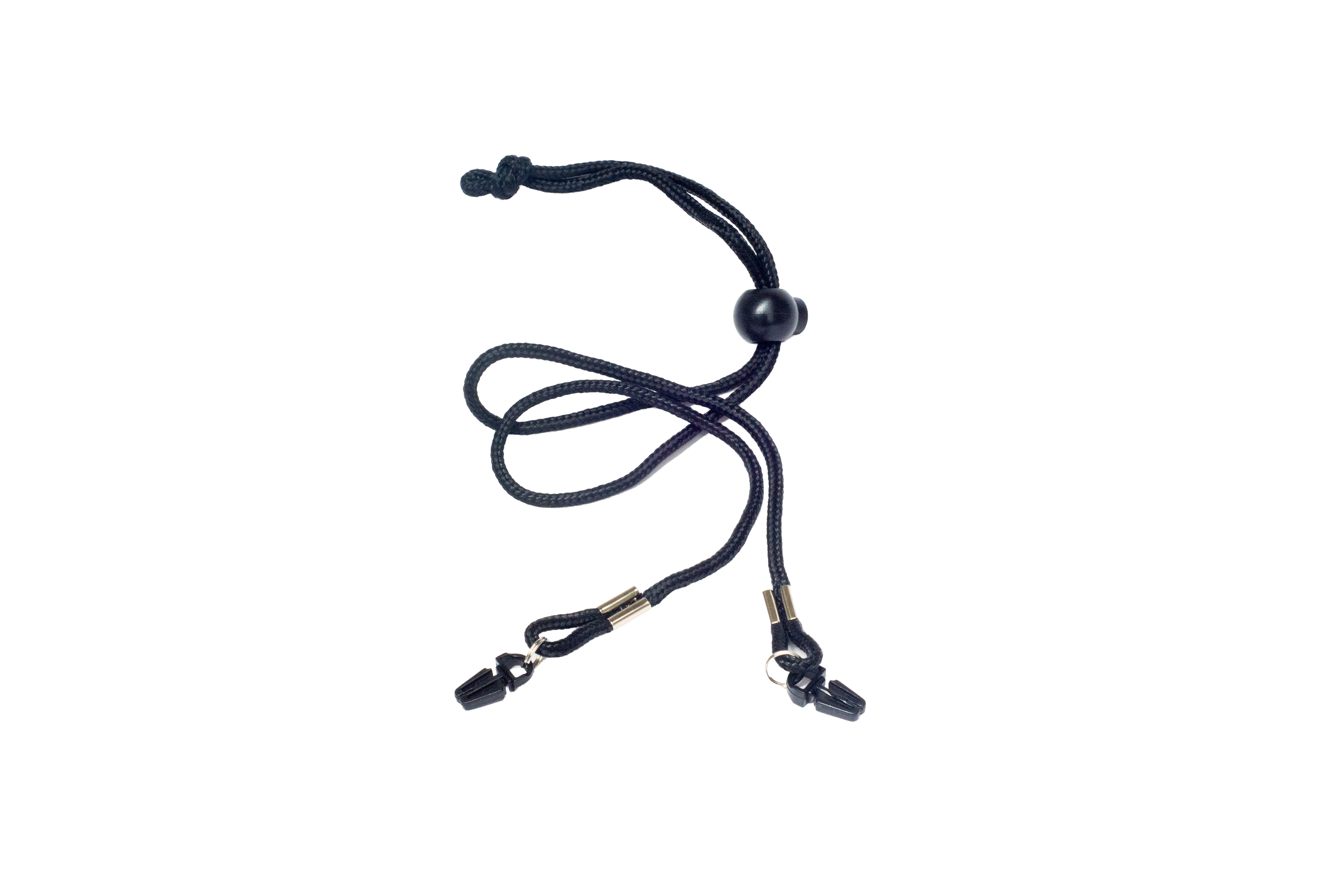 A black braided cord necklace with a central black bead, adjustable sliding knot ends, and two small gold-tone metal connectors with black tips, shown on a plain white background.