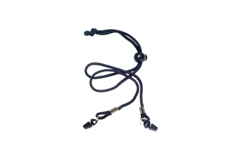A black braided cord necklace with a central black bead, adjustable sliding knot ends, and two small gold-tone metal connectors with black tips, shown on a plain white background.