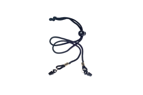 A black braided cord necklace with a central black bead, adjustable sliding knot ends, and two small gold-tone metal connectors with black tips, shown on a plain white background.