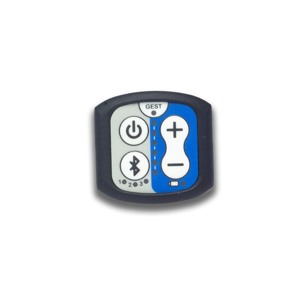A small electronic remote control unit with a dark gray housing, featuring a split white and blue faceplate with power, Bluetooth, plus, and minus buttons.