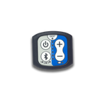 A small electronic remote control unit with a dark gray housing, featuring a split white and blue faceplate with power, Bluetooth, plus, and minus buttons.