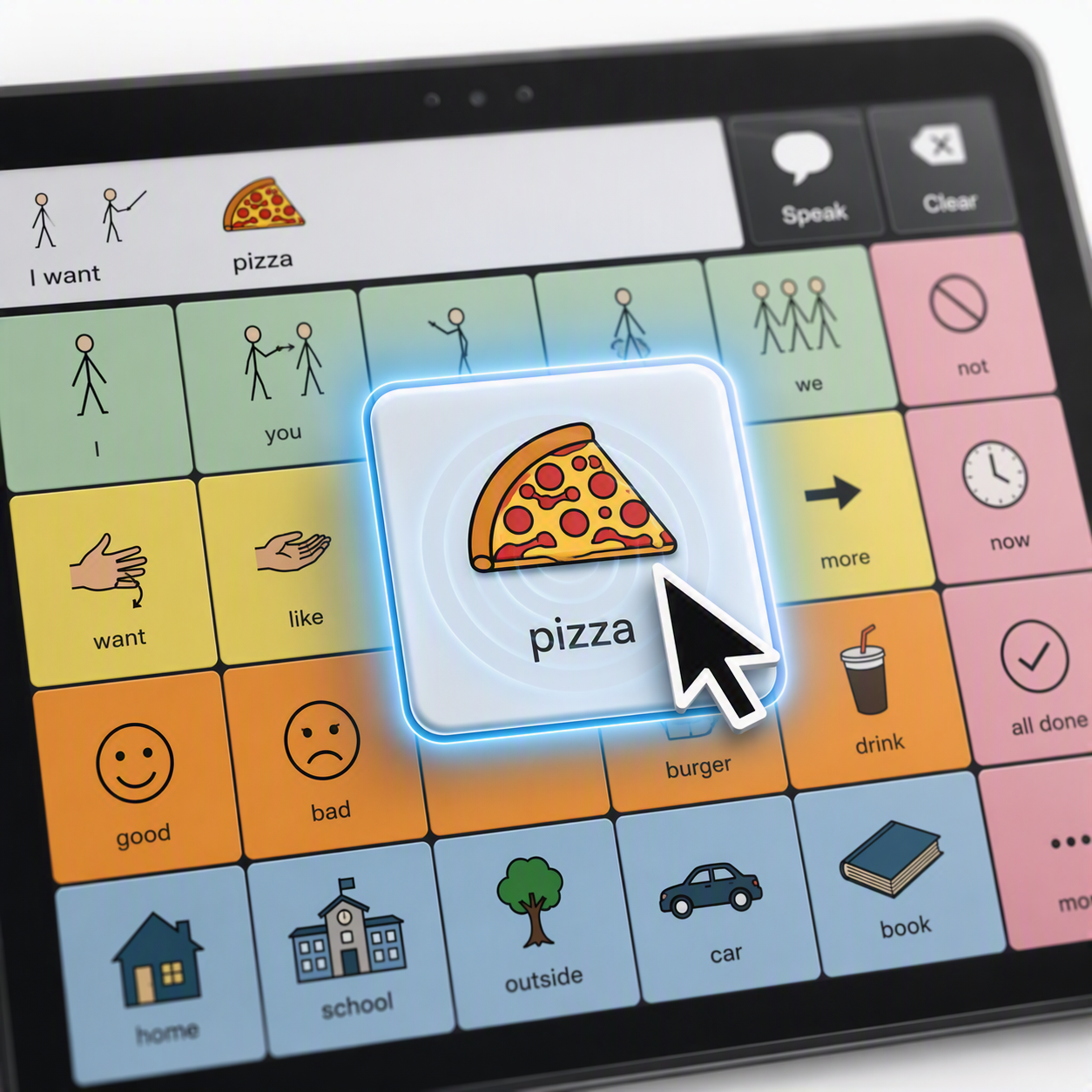 A close-up of a tablet screen showing a colorful touchscreen language-learning or gesture-based interface with a pizza icon highlighted in the center, surrounded by buttons such as want, like, more, now, good, bad, home, school, and outside.