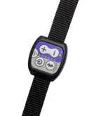Black Kinemo controller with a purple display on a white background