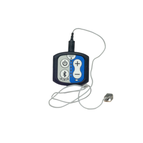 A small electronic control unit with a blue and black faceplate, connected to a white cable and a small sensor, shown on a plain white background.