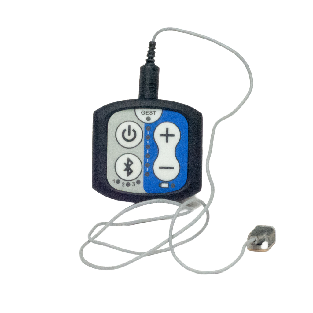 A small electronic control unit with a blue and black faceplate, connected to a white cable and a small sensor, shown on a plain white background.