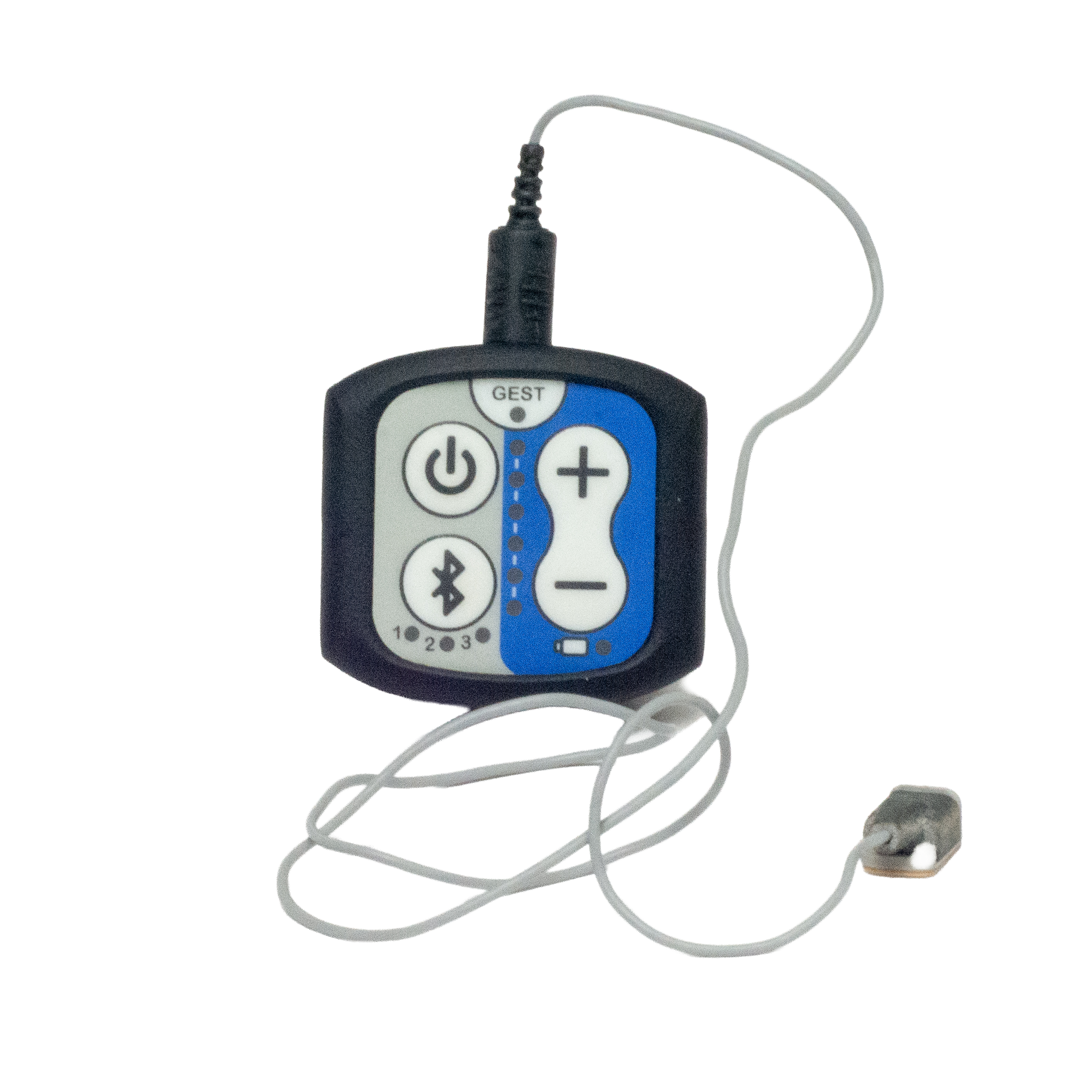 A small electronic control unit with a blue and black faceplate, connected to a white cable and a small sensor, shown on a plain white background.