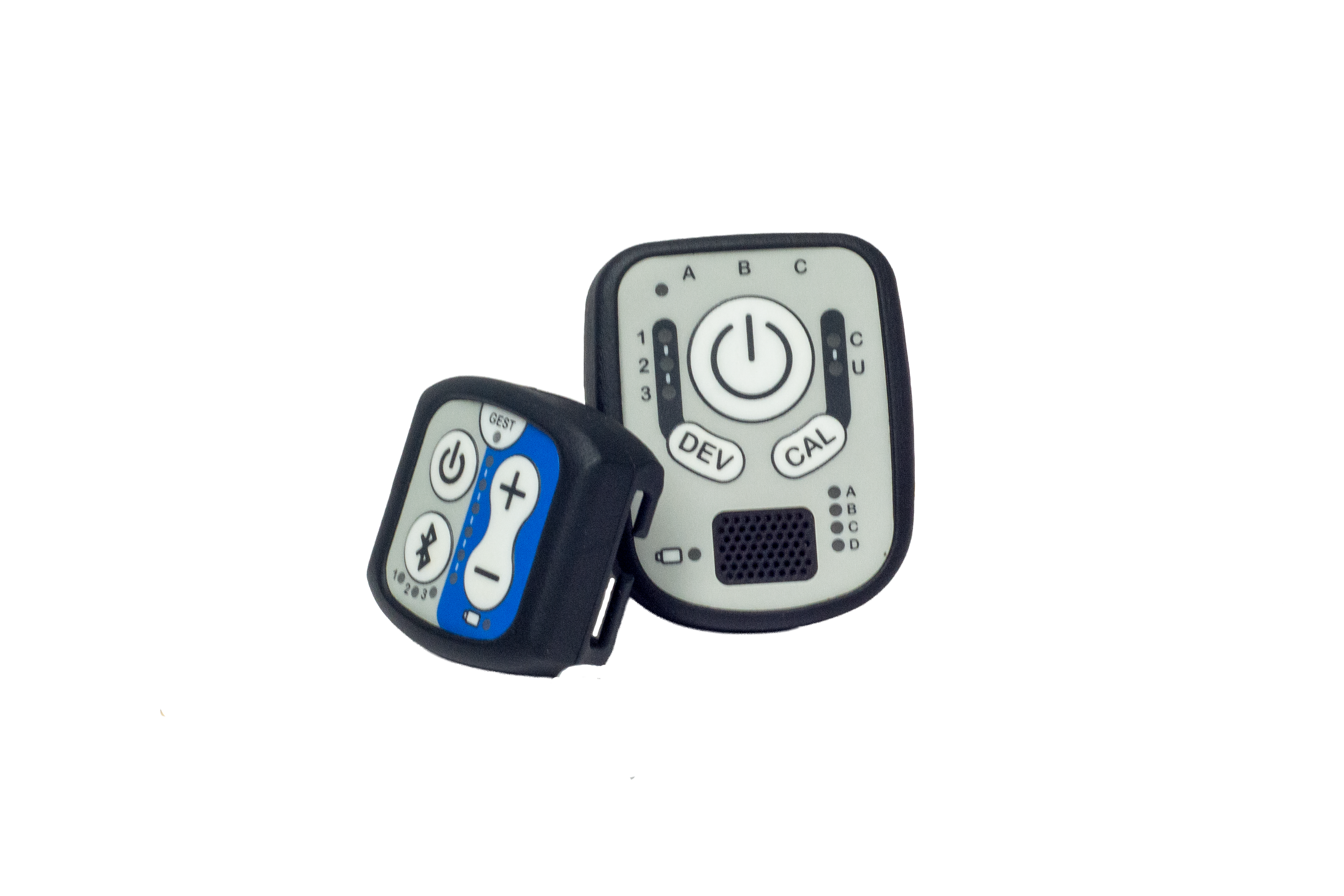 Two electronic units with black sides and colored buttons interface, shown on a plain white background.