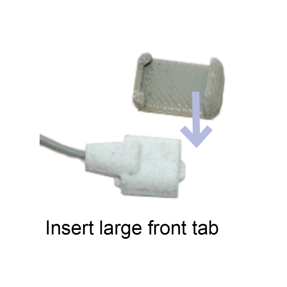 Instructional graphic showing a small white plastic connector with a cable and a separate gray mesh insert, with a downward arrow and the text 'Insert large front tab' on a white background.