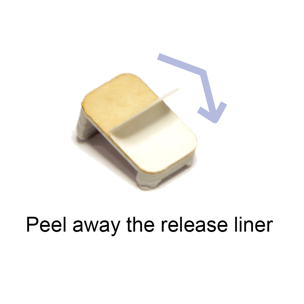 A small beige and white adhesive on a white background with the text 'Peel away the release liner' and a light blue arrow indicating the liner should be removed.