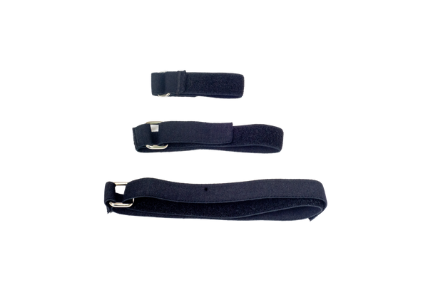 Three navy blue adjustable fabric straps with metal buckle closures, arranged vertically on a plain white background.