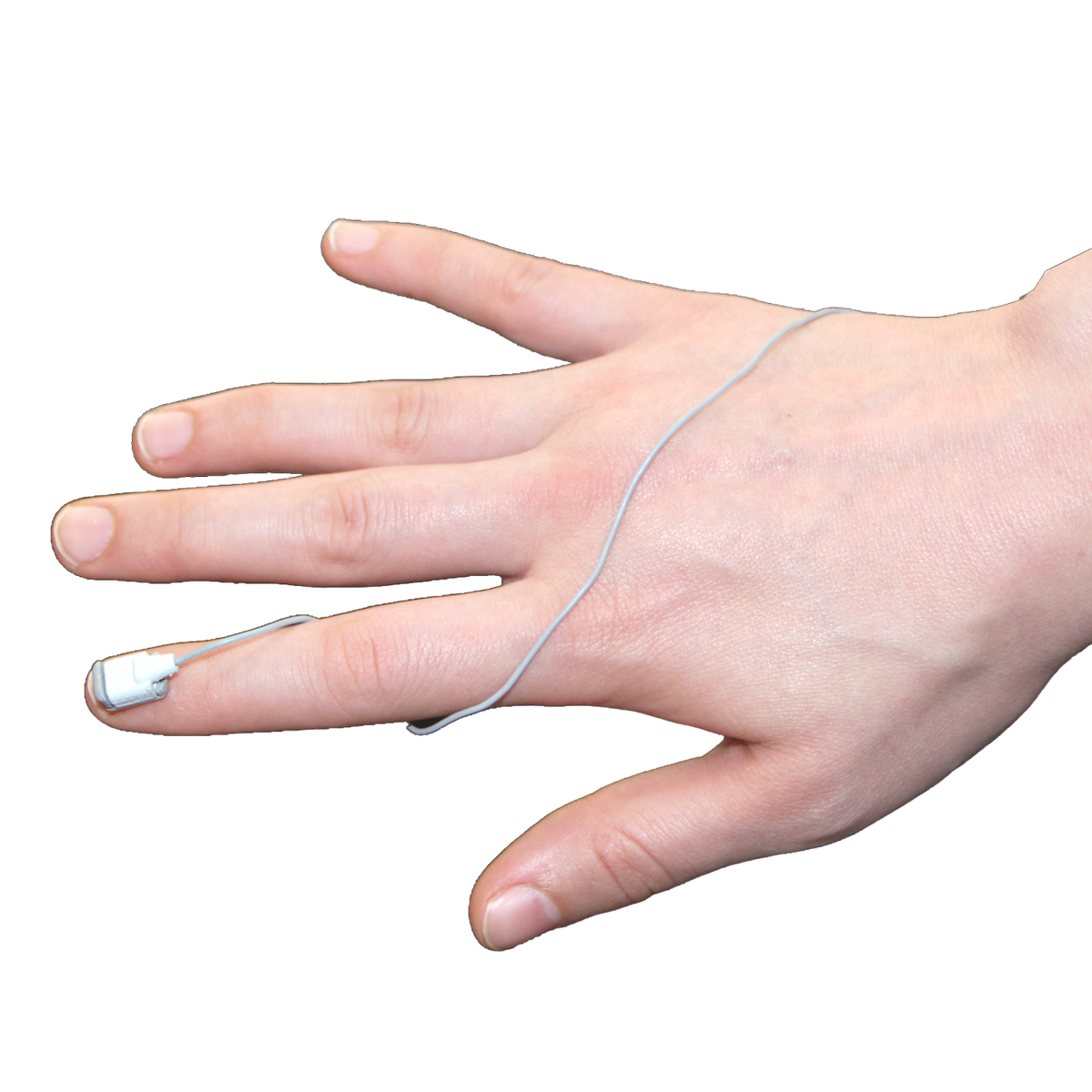 A close-up of a human hand with a thin wire leading to a small white sensor on the index finger, isolated on a light gray background.