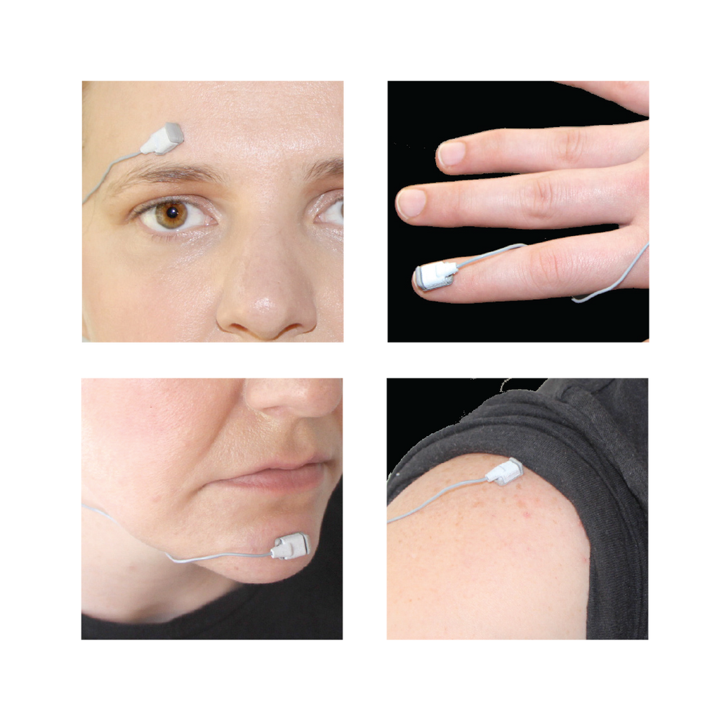 Four images showing different parts of a person with electronic devices attached: eye, hand, face, and shoulder.