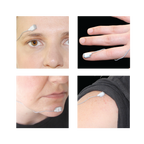 Four images showing different parts of a person with electronic devices attached: eye, hand, face, and shoulder.
