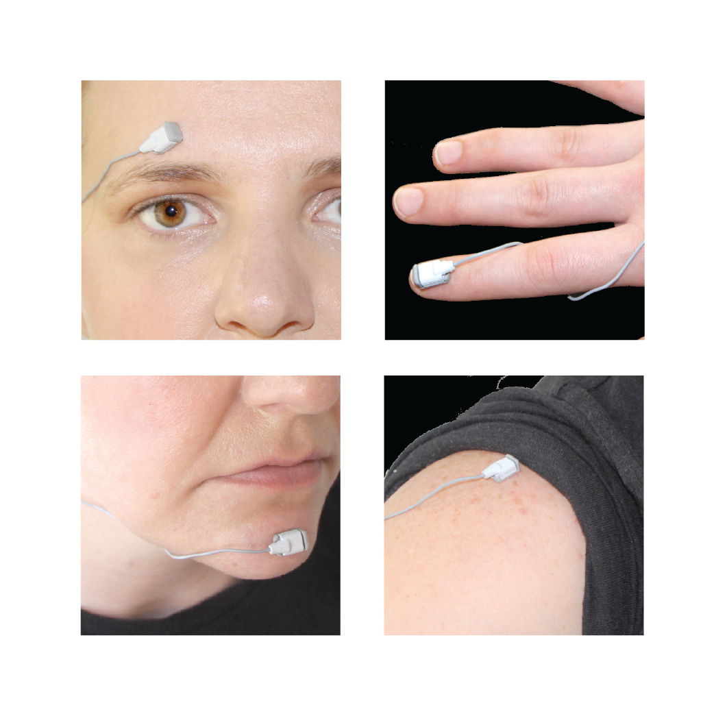 Four images showing different parts of a person with electronic devices attached: eye, hand, face, and shoulder.